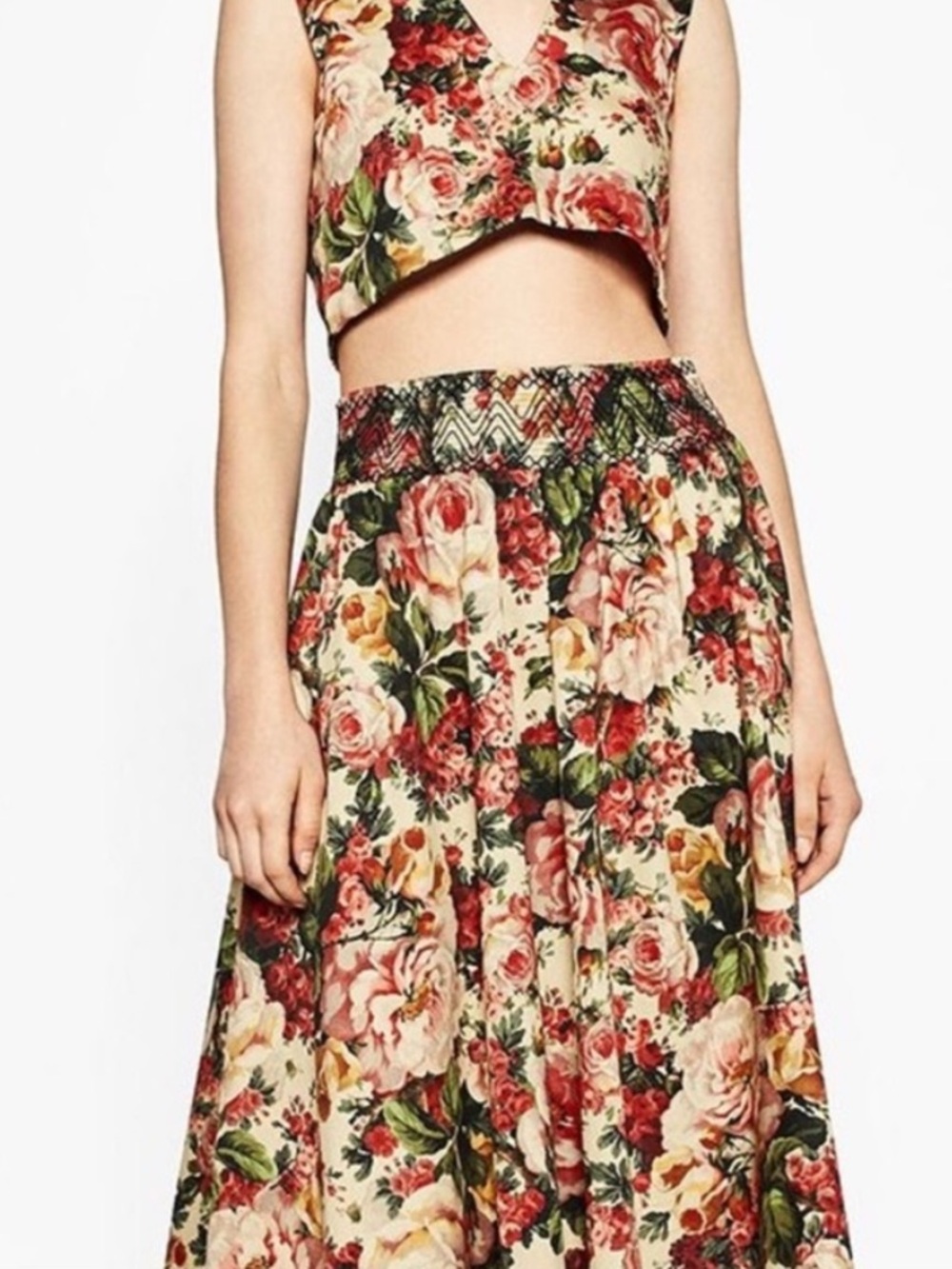 Zara Rose Print A-Line Midi Cotton Blend Skirt with Pockets